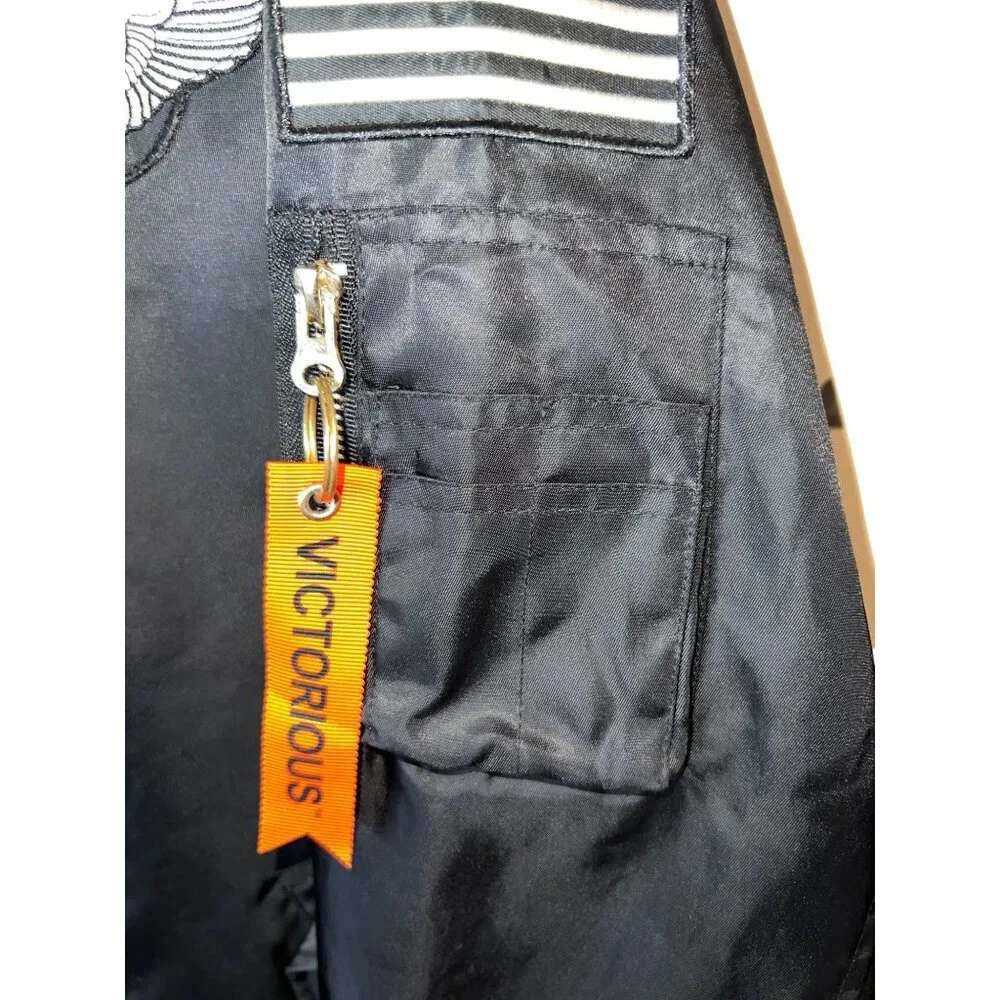 Victorious Black Military-Style Bomber Jacket Air Force Patches Ribbed Collar & - Picture 3 of 6